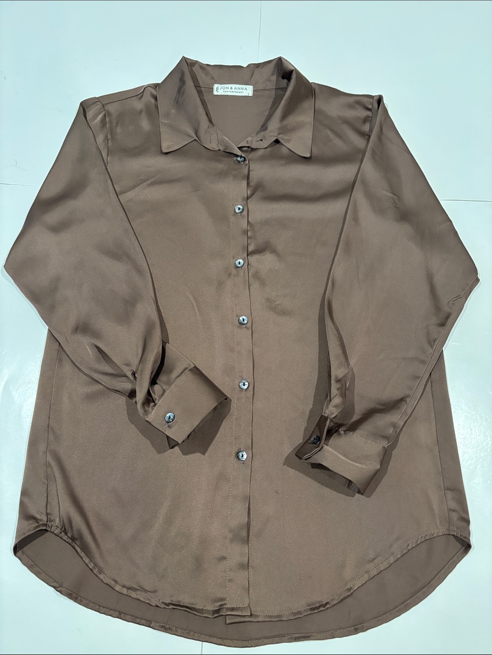Women’s chocolate brown women’s satin button down blouse size large